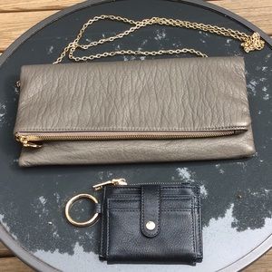 Fold Over Gray Bag w/ Gold Chain + Dark Blue Wallet